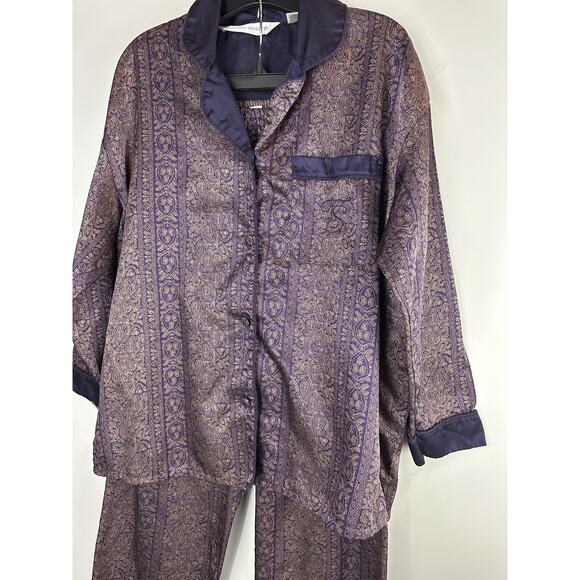Victoria's Secret Satin-Like Pajama Set Purple Gold Paisley Button Shirt Pants S - Picture 4 of 16